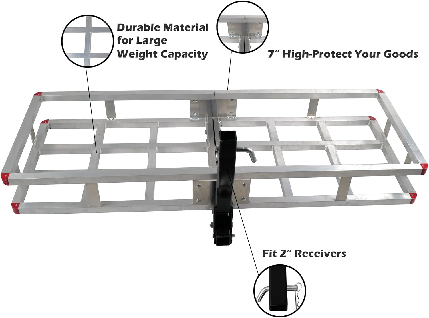 60 x 20 x7 Aluminum Cargo Carrier Hitch Mount - 500lb Heavy Duty Folding Luggage Rack - Powder Coated 2" Angled Shank for Ground Clearance - Rustproof Vehicle Cargo Basket for SUV & Truck Storage