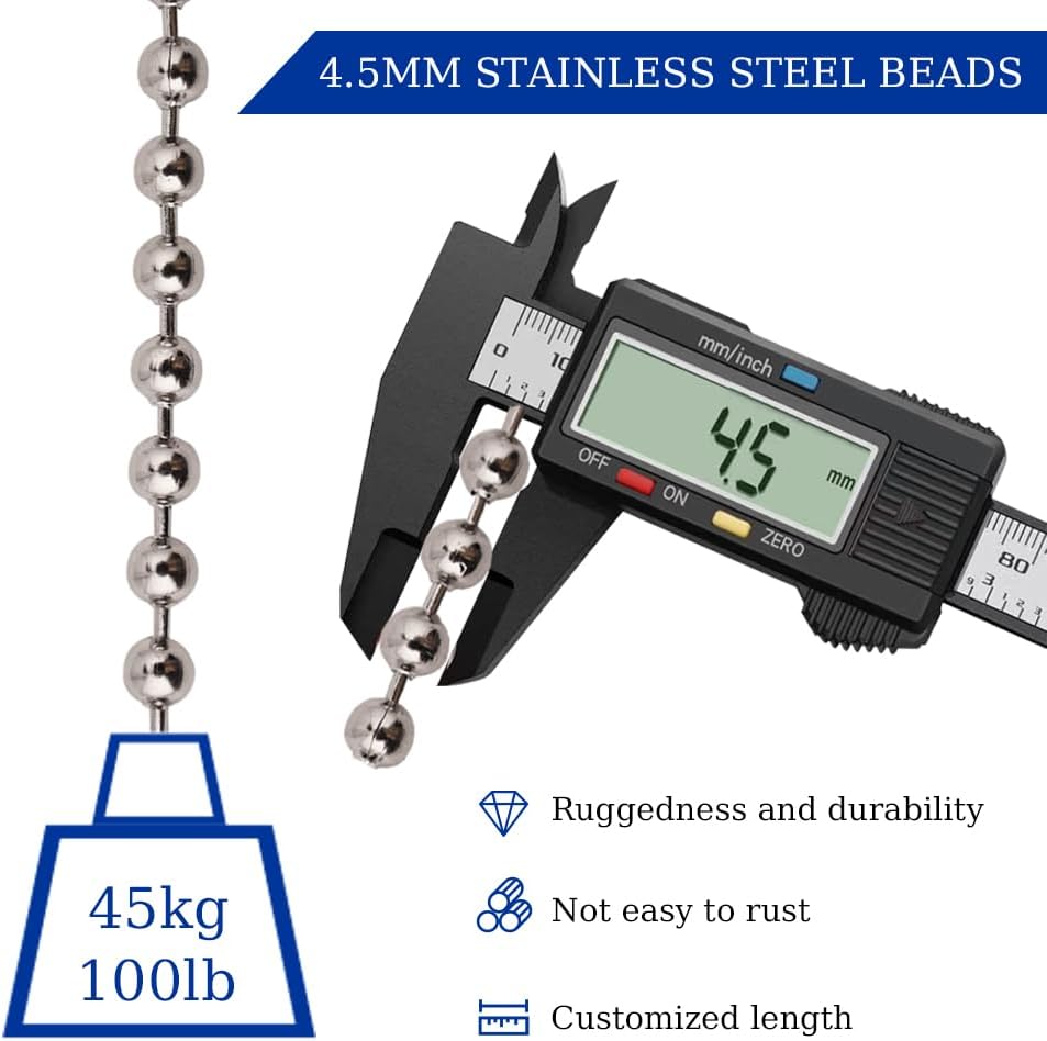 100ft ball bead chain, 304 stainless steel, #10 showing dimensions