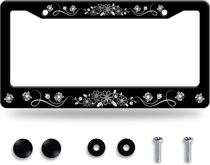 Black White Daisy Butterfly License Plate Frame Flowers License Plate Stainless by GORSNKYE
