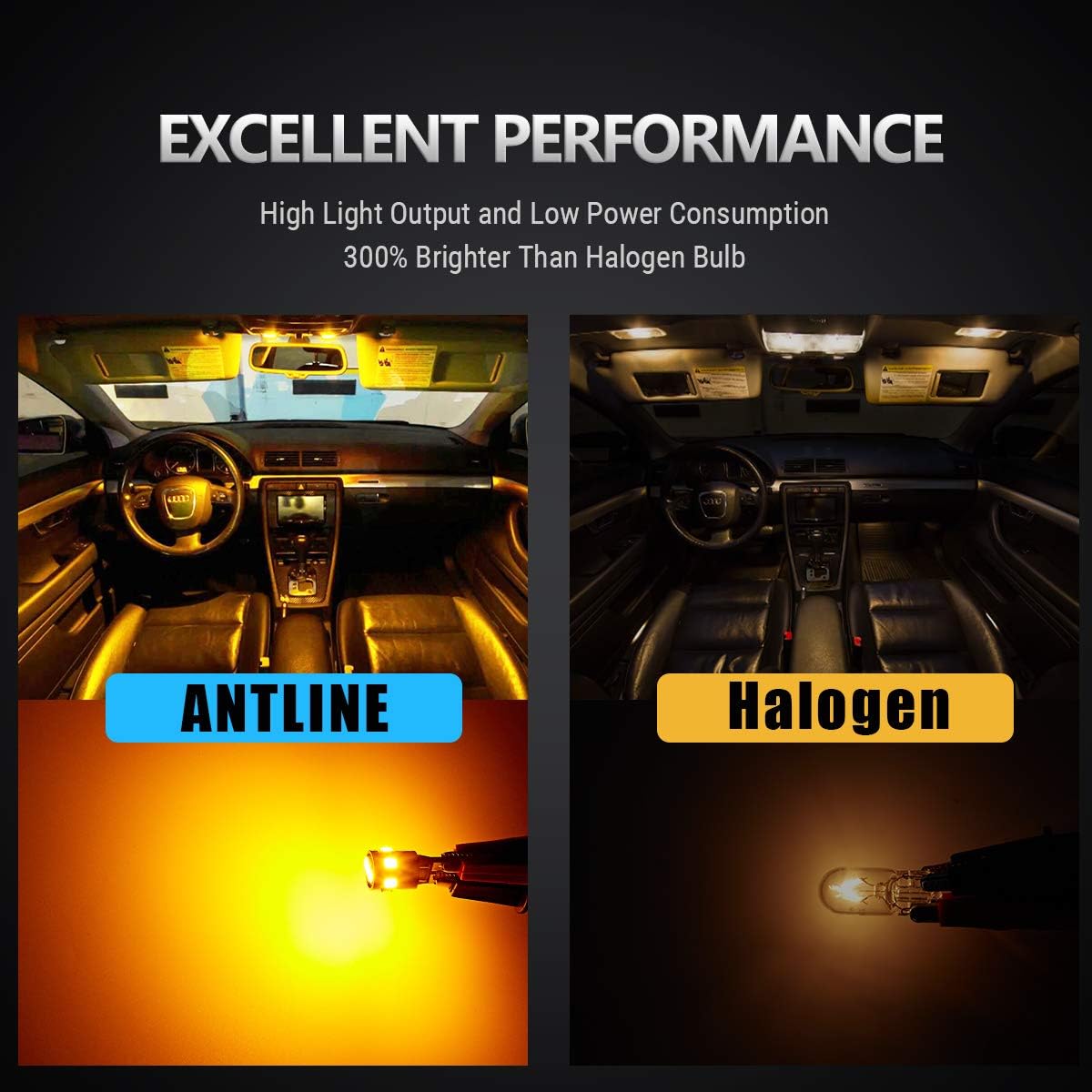 Antline 194 168 2825 W5W T10 194NA LED Bulbs Amber Yellow, Ultra Bright Error Free 9-SMD 2835 Chipsets Replacement for Car Interior Dome Map Door Courtesy License Plate Lights (Pack of 10)