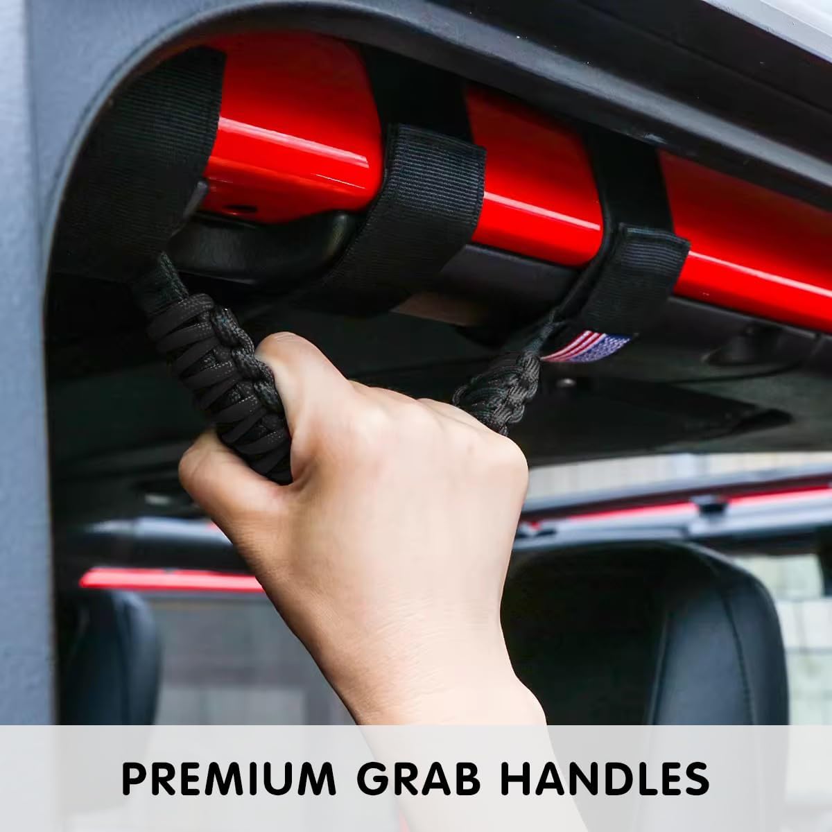 HZEL 2PCS Roll Bar Grab Handles, Oxford Cloth Upgrade Metal Buckle Paracord Grip Handles, Durable and Strong Car Accessories, Compatible with Wrangler JL, JLU, JT, JK, JKU, TJ, LJ and YJ (Black)