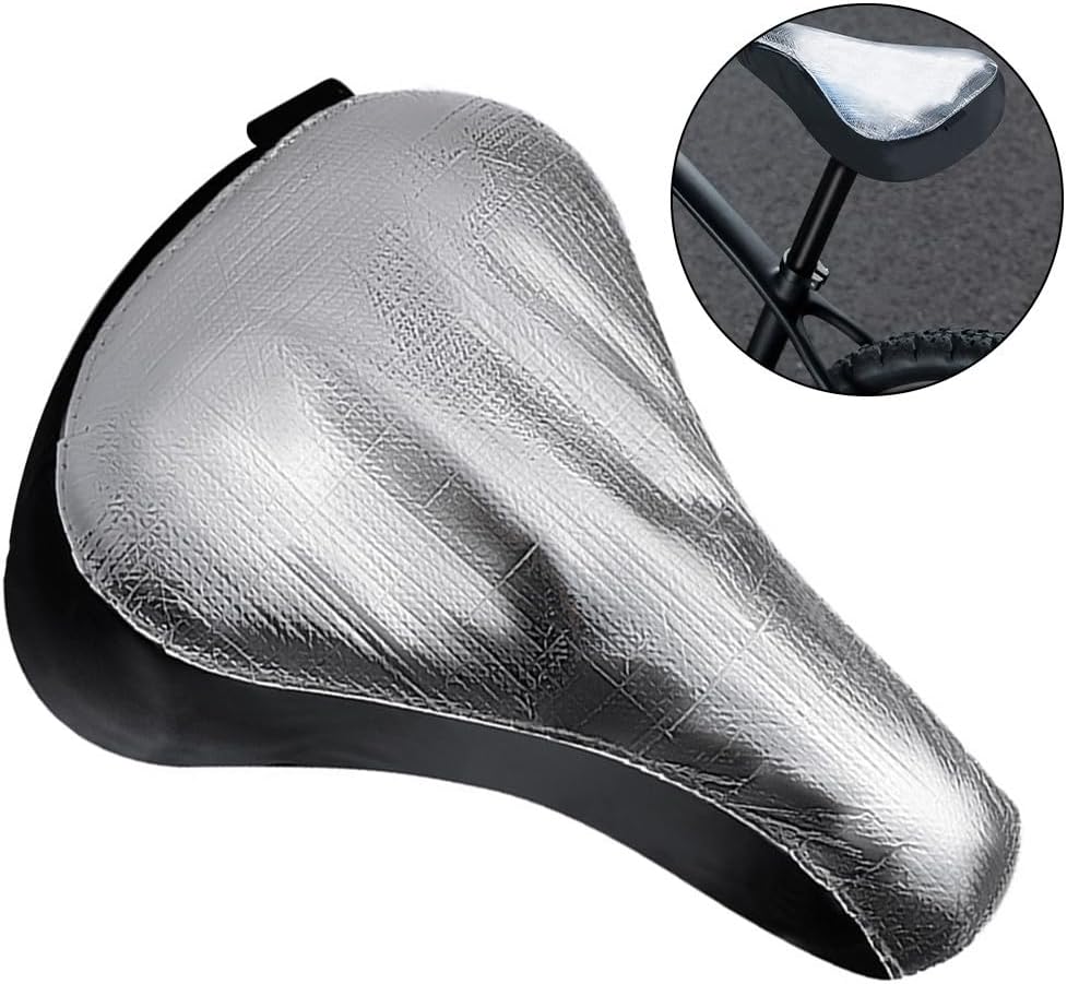 Bike Saddle Cover, Double-Sided Aluminum Foil Heat Insulation, Waterproof Sunblock Protector for Mountain Road Bike Electric Scooter Seat, Black Silver(2PCS)