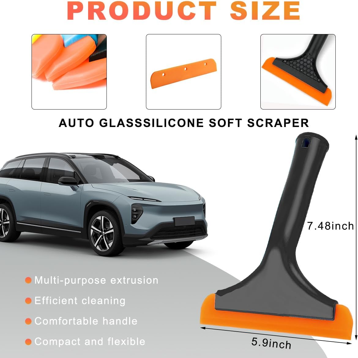 KVAEY Small Silicone Window Squeegee, 5.9 Inch Car Windshield Water Blade Squeegee with Non-Slip Handle, All-Purpose Cleaning Squeegee for Car Windshield, Window, Mirror (Black)
