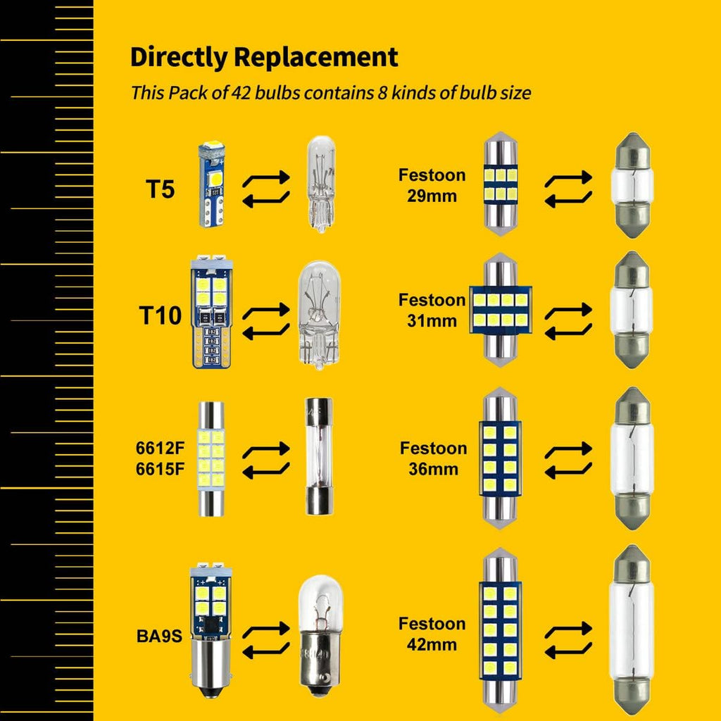 EBAIFUN 42-Pack White LED bulbs Kit for Car Truck Interior Map Dome Light | Vanity Mirror Trunk Courtesy License Plate Light DE3175 6418 6411 T10 2825 BA9S 64111 T5 74 6612F 6615F 31mm 36mm 41mm Size