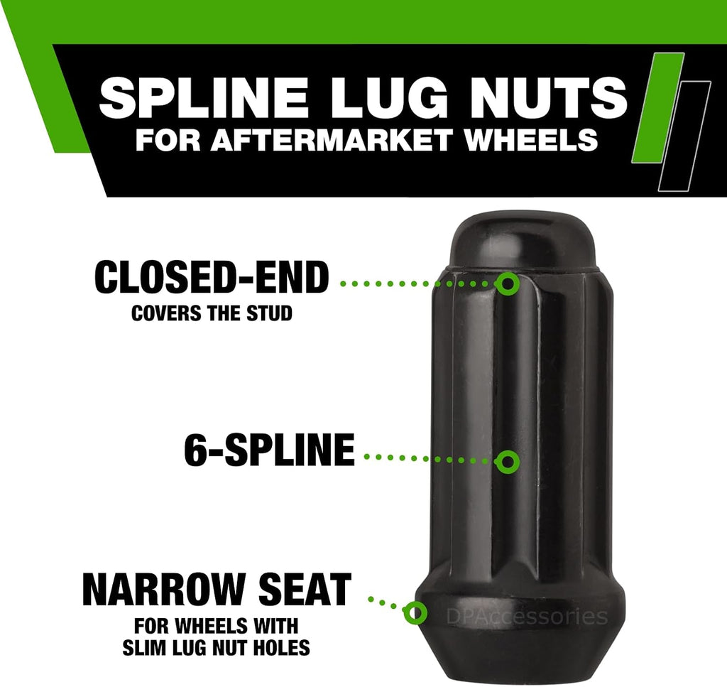 DPAccessories Black 1/2-20 Lug Nuts for Aftermarket Wheels - Closed End Duplex XL Spline Tuner - 51mm (2") Tall - Set of 32 - D5142P-2305/32