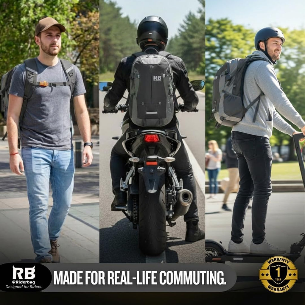 riderbag Reflective Motorcycle Backpack, Hi Viz Commuter Riding Bag | Designed by Riders for Everyday Rides with Laptop Compartment and Helmet Net. Built to Help You Be Seen.