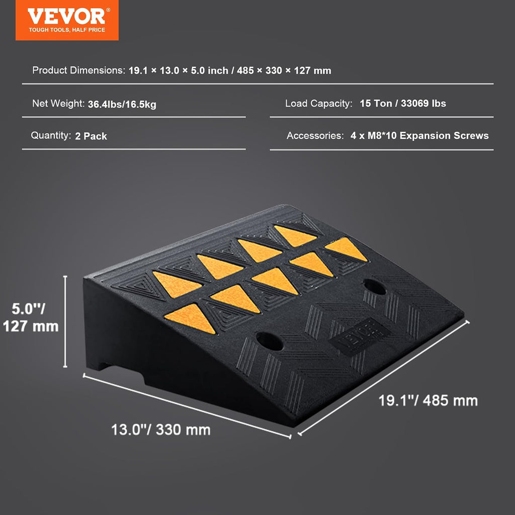VEVOR Rubber Curb Ramp 5" Rise Height 2 Pack, Heavy-Duty 33069 lbs/15 T Capacity Threshold Ramps, Rubber Driveway Ramps for Cars, Carts, Dollies, Motorcycle, Bikes, Wheelchairs