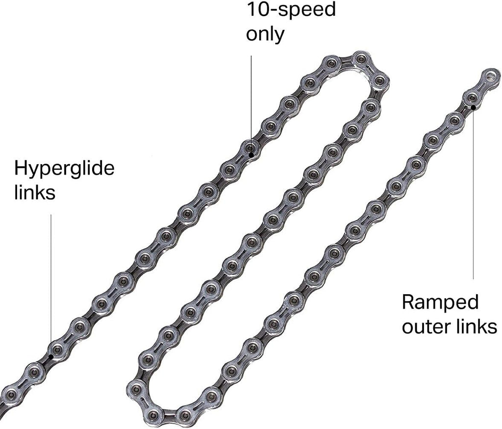 shimano cn-6701-10 chain - 10-speed, 116 links, silver, close-up detail