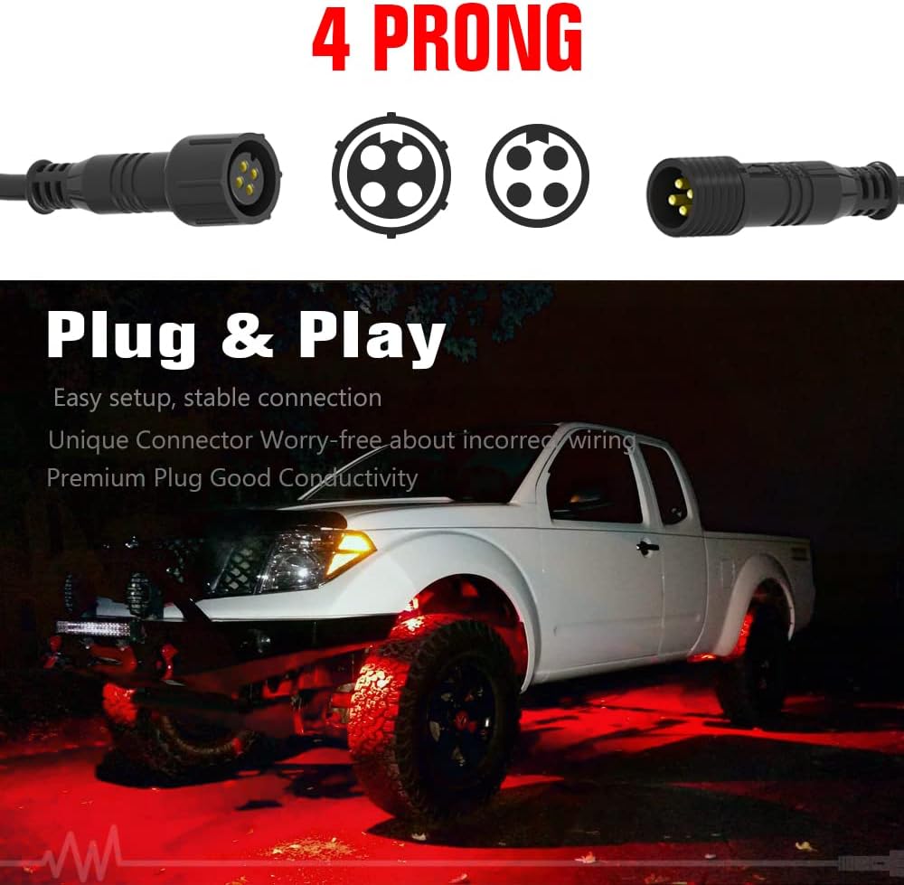 MICTUNING 2PCS 10FT 4 Pin Extension Cables | For 2nd-Gen RGB Rock Lights & P1Y+ Switch Panel Connection, snap-on connector ，IP68 waterproof