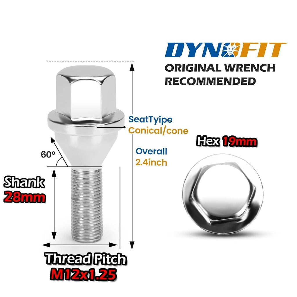 dynofit 12x1.25 OEM/Stock Wheel Lug Bolts, 20pcs ET 28mm Shank 19mm Hex 2.45 inch Length Solid Chrome Studs Set for 2015-2022 Je/ep Renegade, 2018-2022 Compass, 2014-2022 Cherokee and More
