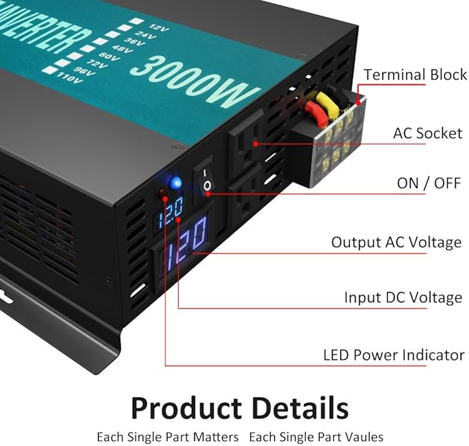 WZRELB 3000W 12V Pure Sine Wave Solar Power Inverter DC AC Converter - Image 2