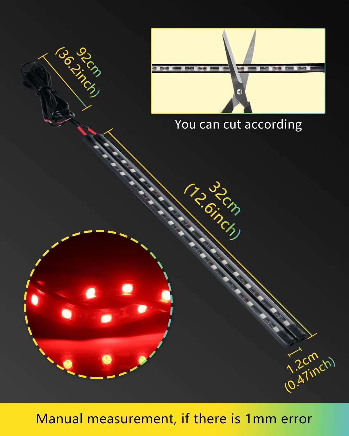 YONGMING 12 Volt Underglow Led Brake Light Strip, Tail Stop Turn Signal Flexible Led Light for Motorcycle Bike Car SUV RV Pack of 2 - Red