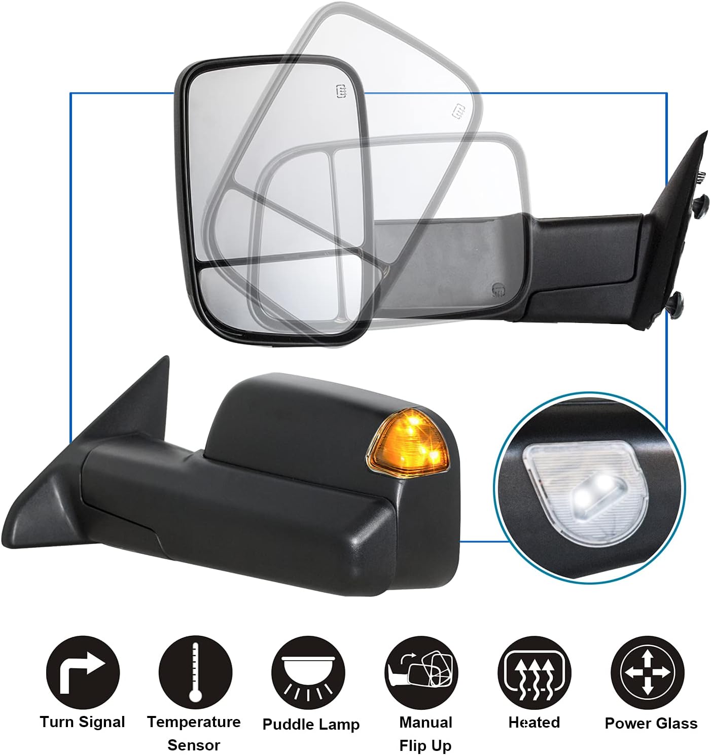 JZSUPER Towing Mirrors fit fo 2009-2018 Dodge Ram 1500, 2010-2018 2500 3500, 2019-2024 Ram 1500 Classic with Power Heated LED Turn Signal Lights Puddle Lamp Temperature Sensor Foldaway