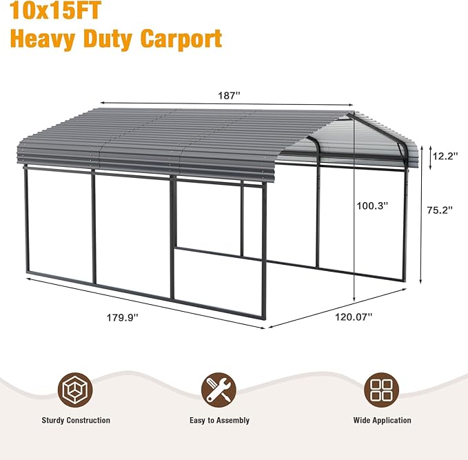 EBE 10 x 15 FT Outdoor Carport, Heavy Duty Metal Carports - Image 2