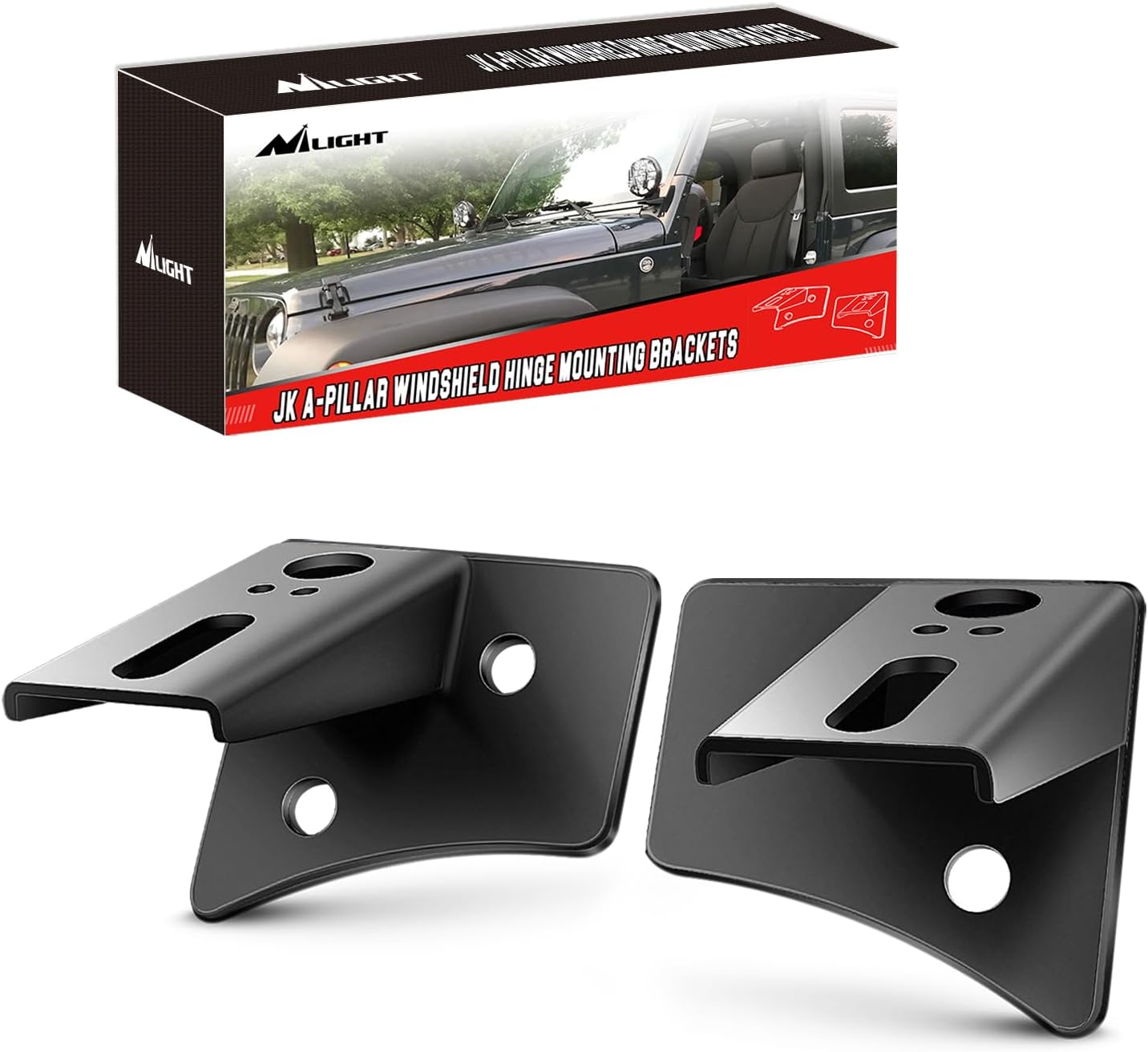 Nilight - 90026B 2PCS Jeep JK A-Pillar Windshield Hinge Mounting Brackets for Offroad LED Fog Light Halogen Work Light for 2007-2017 Jeep Wrangler JK,2 years Warranty,Black