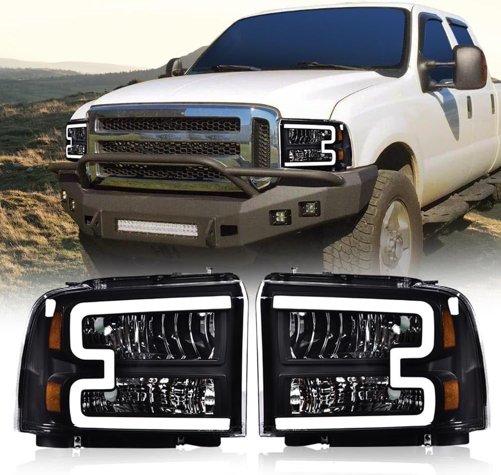 LED DRL Headlights Assembly Front Headlamp Clear Lens Black Housing Amber | Compatible with Ford F250 F350 F450 F550 Super Duty 2005-2007, Fit Ford Excursion 2005, Reflector
