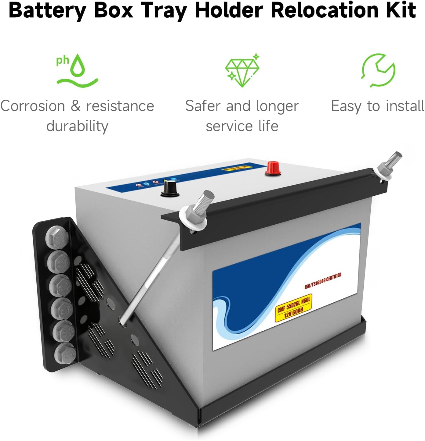 Universal Battery Mounting Tray, Battery Holder Bracket Compatible with RV Trailer Car Boat Truck, Heavy Duty Battery Box Mount Hold Down Bracket Relocation Kit for Group 24 Battery Box