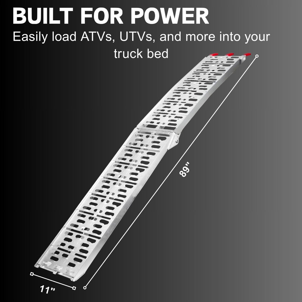 Aluminum Motorcycle Ramp for Pickup Trucks, 7.5 ft Folding Dirt Bike Loading Ramp, Punched Plate Surface, 750 lb Capacity, Rubber-Tipped Fingers, Strap Included, 89 x 12 in, 1 Pc