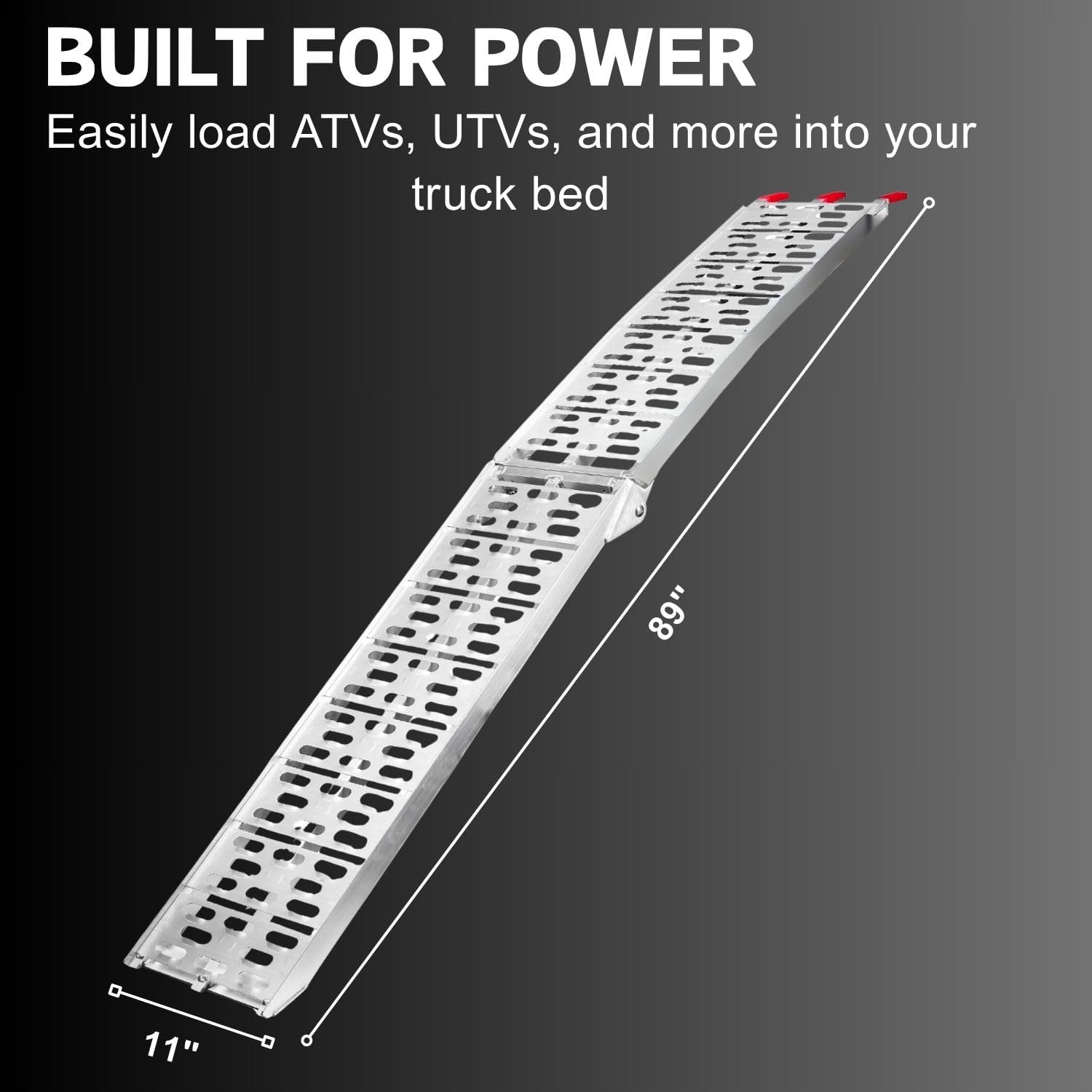 Aluminum Motorcycle Ramp for Pickup Trucks, 7.5 ft Folding Dirt Bike Loading Ramp, Punched Plate Surface, 750 lb Capacity, Rubber-Tipped Fingers, Strap Included, 89 x 12 in, 1 Pc