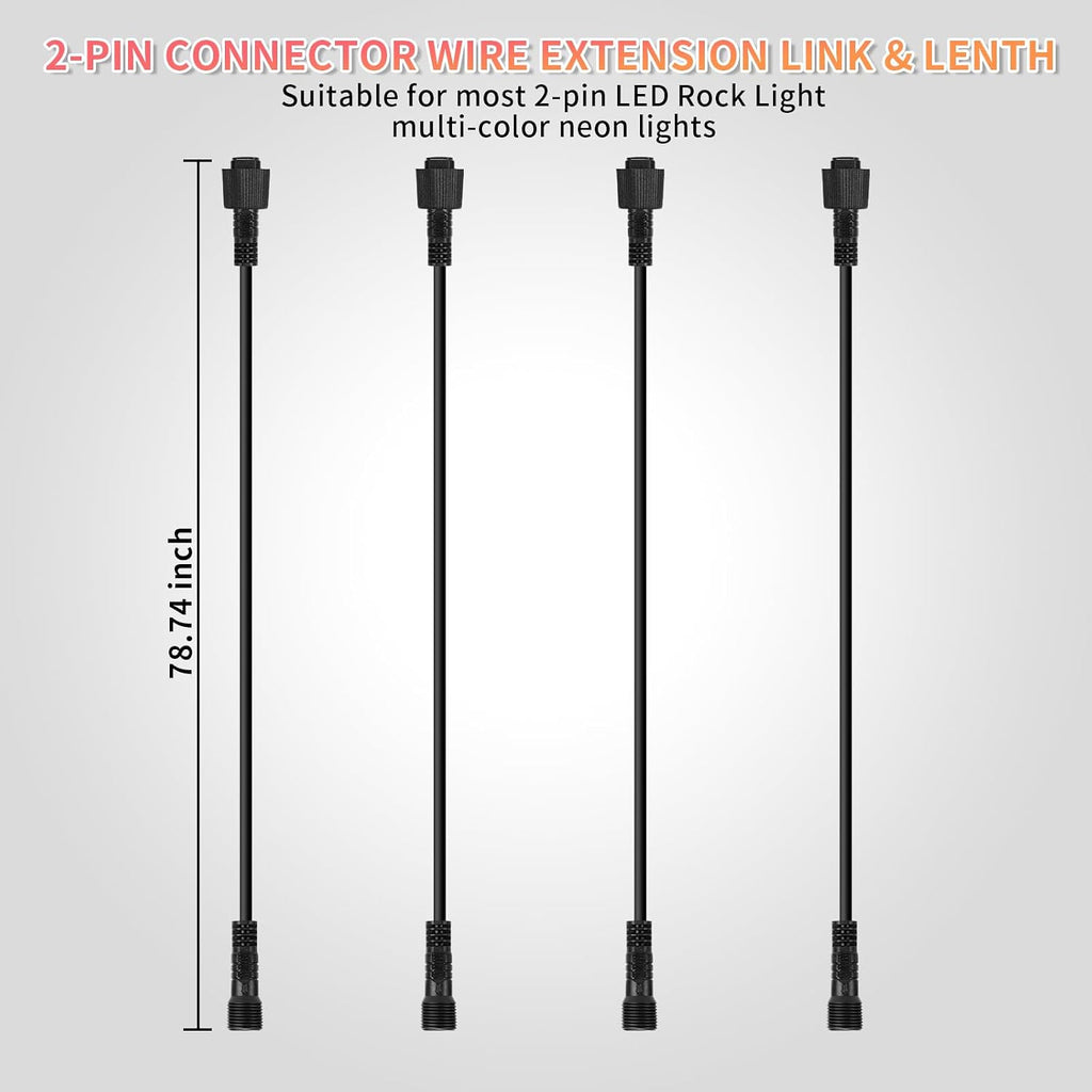 4PCS 78 inch/6.56FT 2-Pin Metal White LED Rock Lights Extension Cable Wire Cord Set, Underglow Lights IP68 Waterproof Neon Light for Trucks Jeep Golf Carts SXS UTV ATV Car RV