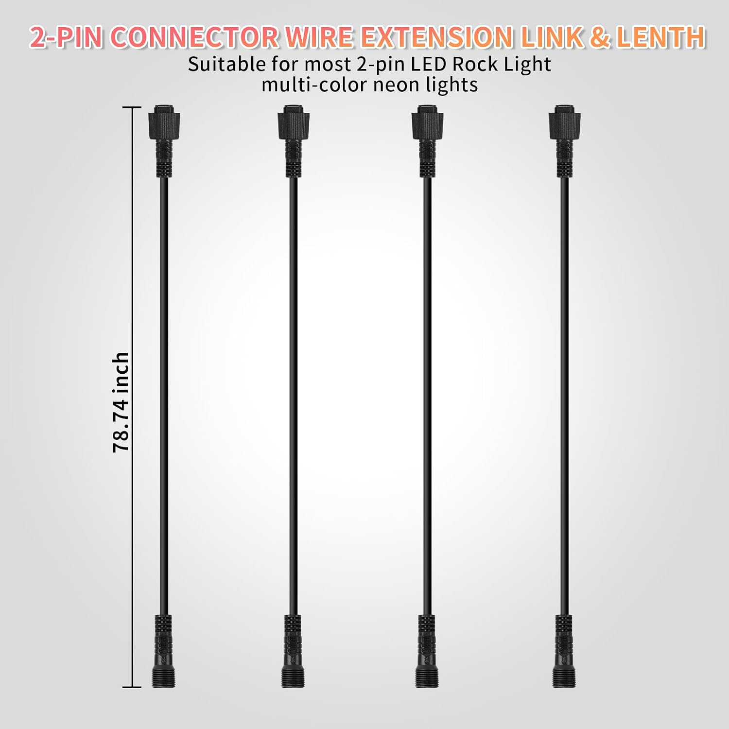 4PCS 78 inch/6.56FT 2-Pin Metal White LED Rock Lights Extension Cable Wire Cord Set, Underglow Lights IP68 Waterproof Neon Light for Trucks Jeep Golf Carts SXS UTV ATV Car RV