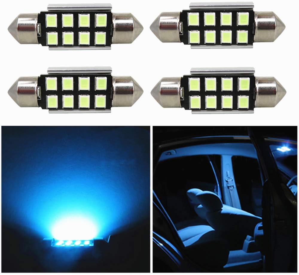 WLJH 4pcs Ice Blue 6418 LED Bulb, Canbus Error Free 36mm Festoon LED Bulb Super Bright 400 Lumens 8-SMD 2835 Chipsets, 6411 LED Bulb, 6413 Bulb, 6418 Bulb, DE3423 Bulb, C5W LED Bulb,36mm Led Bulb