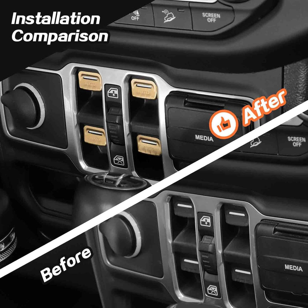 JeCar for Jeep Window Switch Button Cover Trim Interior Accessories for Jeep Wrangler JL JLU Gladiator JT 2018-2024 2025 2026+ (Gold Aluminum Alloy)