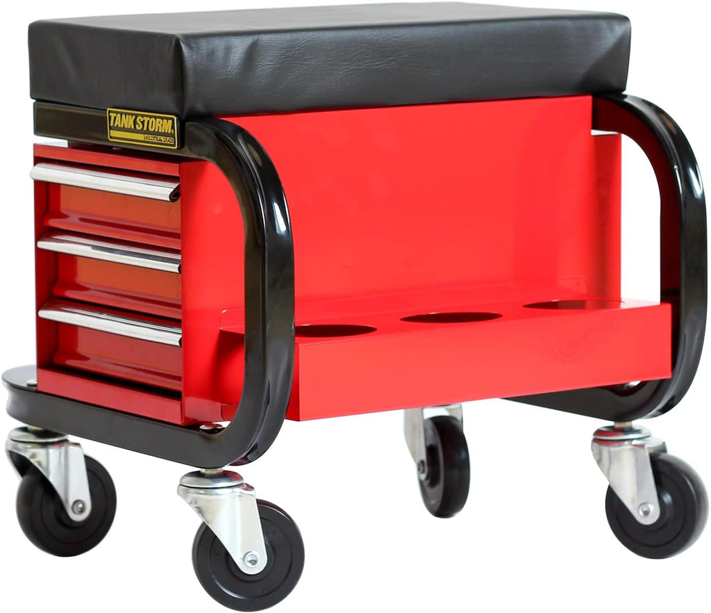 Tool Box Built-in Creeper Seat, Garage Shop Roller Seat, 3 Drawers Heavy Duty