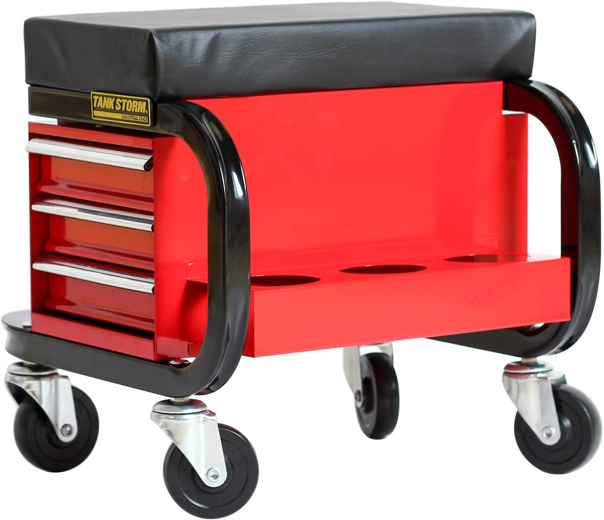 Tool Box Built-in Creeper Seat, Garage Shop Roller Seat, 3 Drawers Heavy Duty