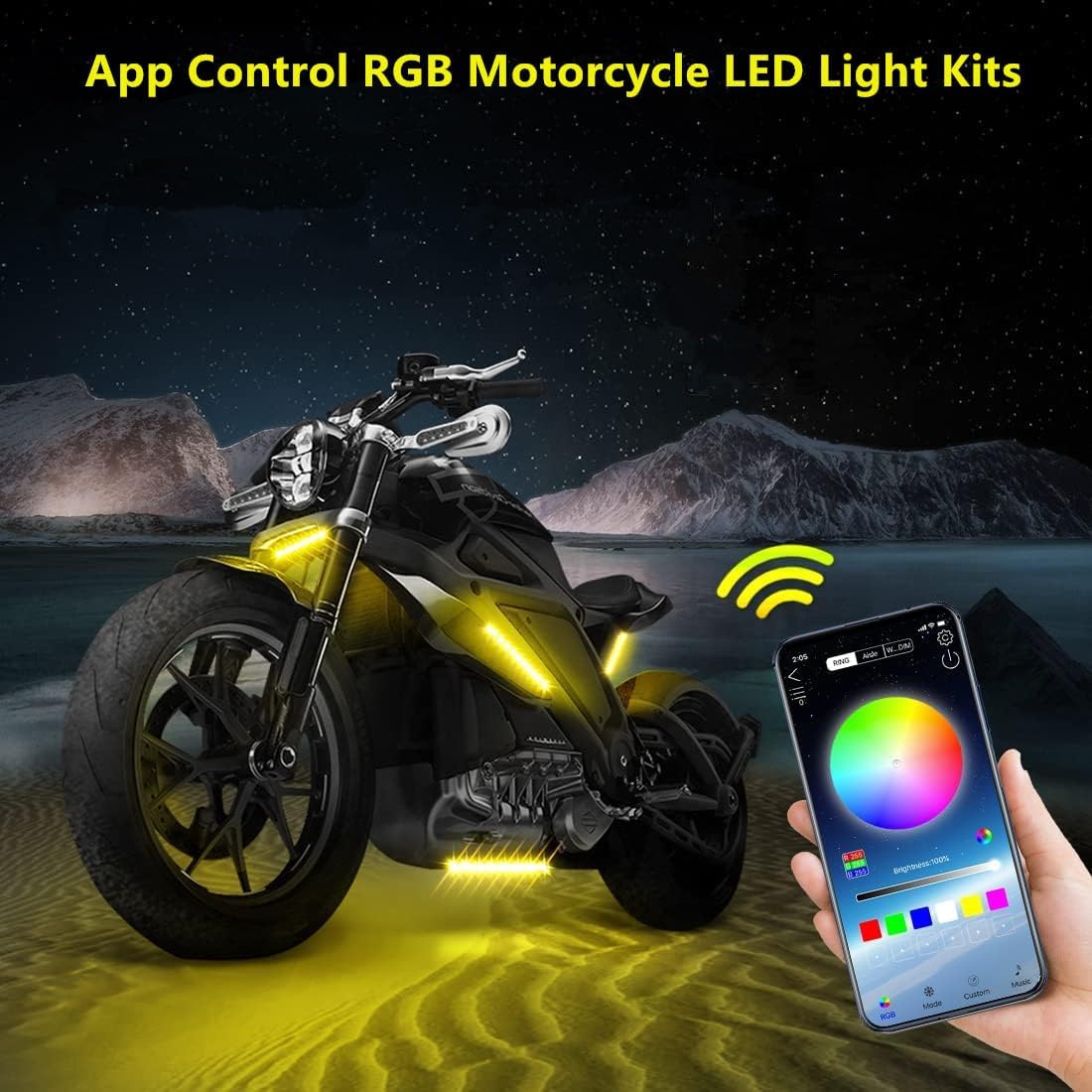 4 Pcs Motorcycle LED Light Kits, App Control Multicolor Waterproof Motorcycle LED Strip Lights, Music Sync & Multiple Scene Modes RGB LED Lights for Motorcycles, DC 12V