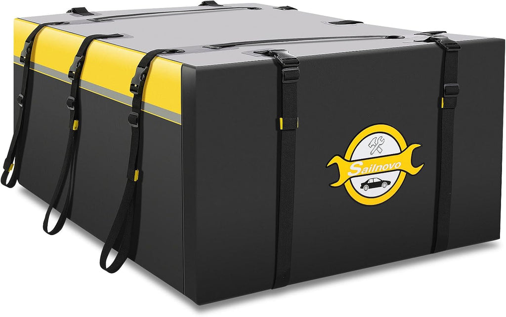 Sailnovo Car Rooftop Cargo Carrier Bag 20 Cubic, PVC Vehicle Soft-Shell Car Top Carrier for Cars with/Without Roof Rack, Waterproof Roof Bag Includes Anti-Slip Mat,10 Reinforced Straps, Yellow