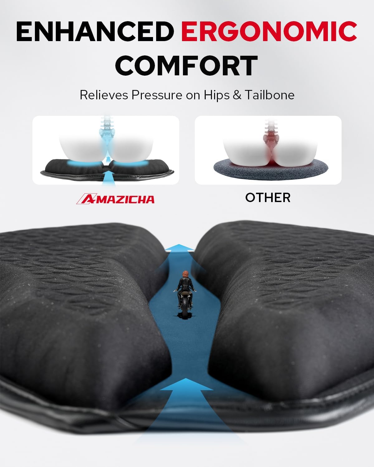 Amazicha Motorcycle Seat Cushion with Sunshade Cover, Motorcycle Gel Seat Pad Large 3D-Honeycomb Structure TPE Shock Absorption and Breathable for Long Rides
