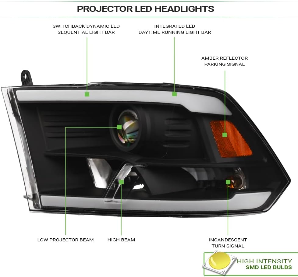 Switchback Sequential LED Strip Tube Bar Black Housing Projector Headlights Signal Lamps Amber Reflector nb Compatible With 09-18 Dodge Ram 1500/19-24 Classic / 10-18 2500 3500