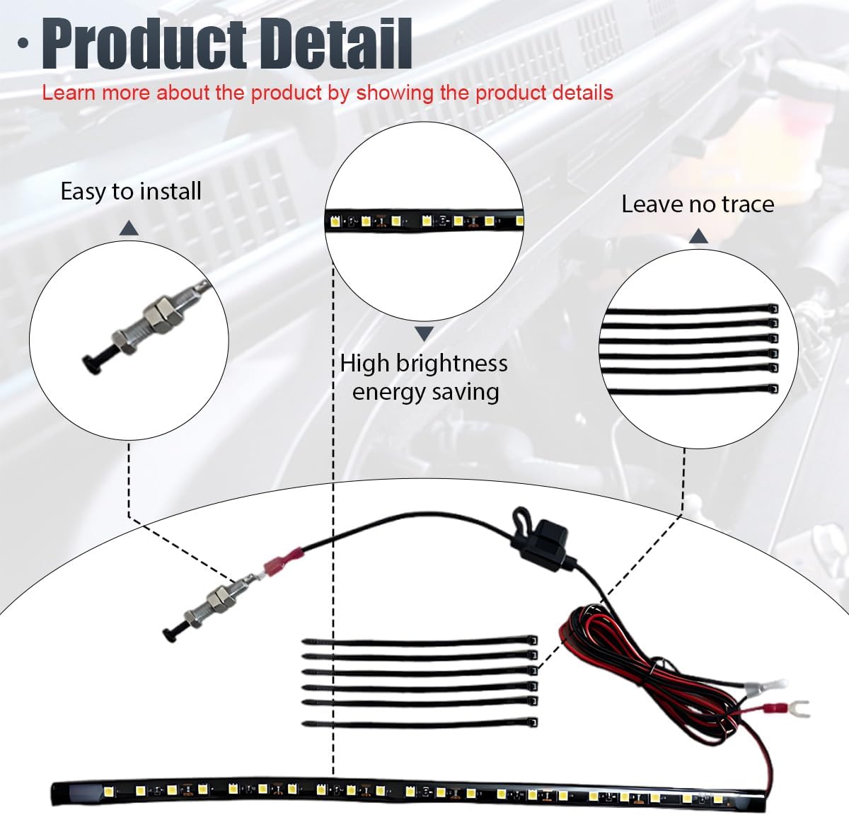 Car Under Hood LED Light Kit, 12V Waterproof Car Under Hood Work Inspection Lights, Automatic On/Off Vehicle LED Strip, Universal Auto Lights Bars for Cars, Trucks, SUVs (5050)