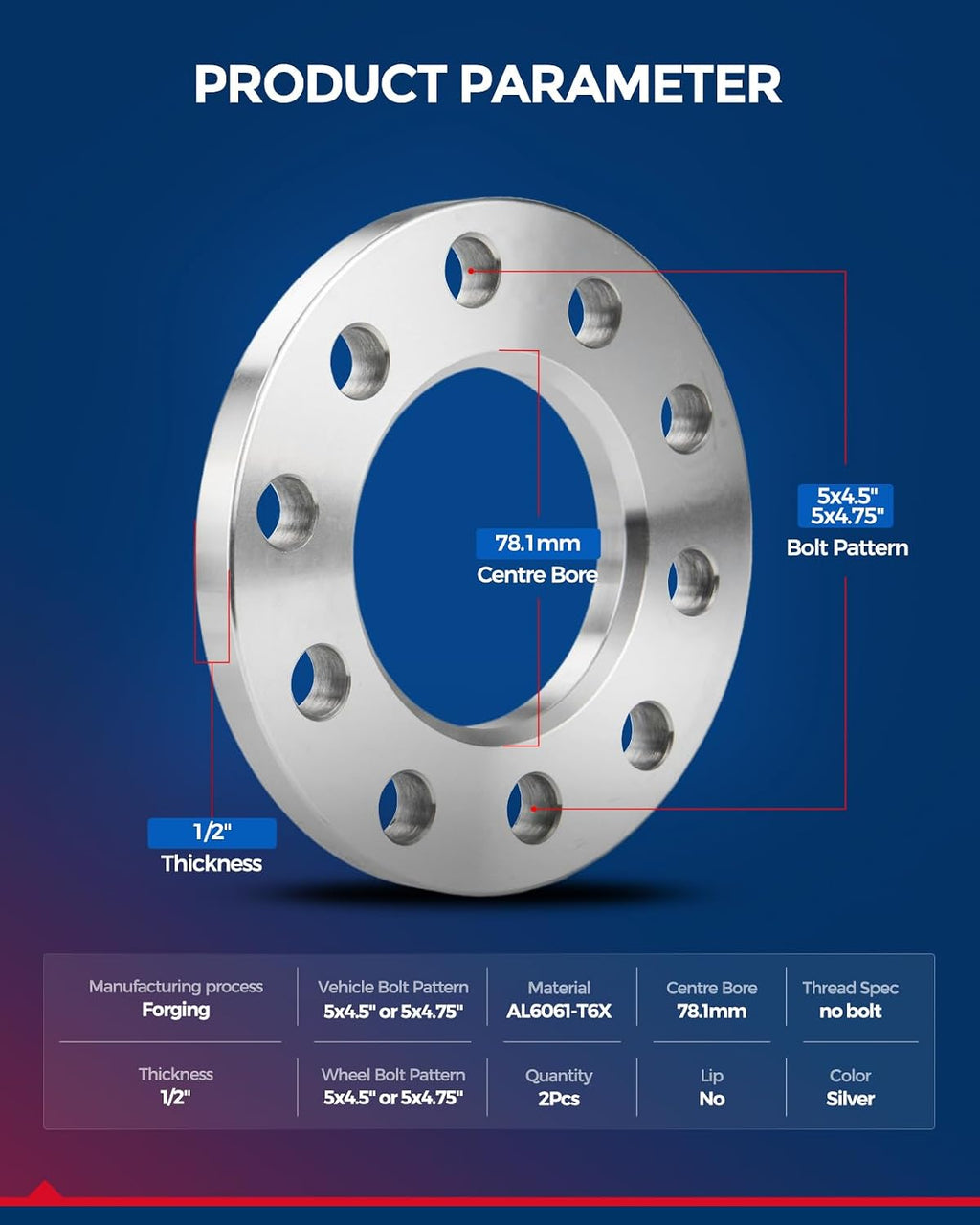 KAX 5x4.5 or 5x4.75 Wheel Spacers, Forged 1/2" Spacers with Hub Bore 78.1mm,2Pcs fit for 2017-2020 G80, 2017-2019 G90,Silver,Not Hubcentric