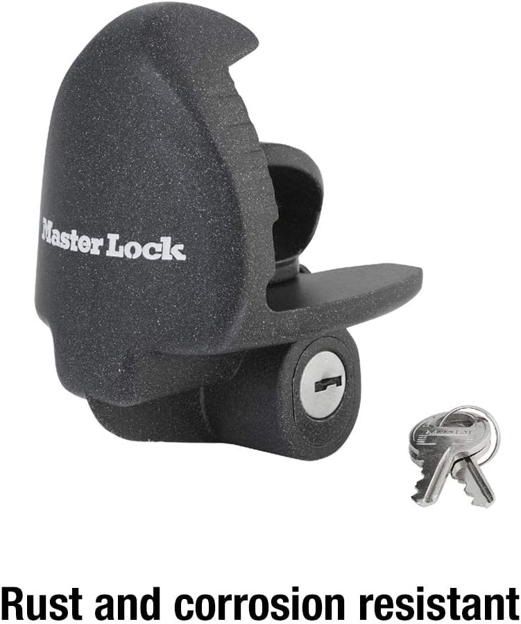 Master Lock Black Universal Size Trailer Hitch Lock, Trailer Coupler Lock for Securing RV’s, Horse Trailers, Tool Trailers and More, 379ATPY
