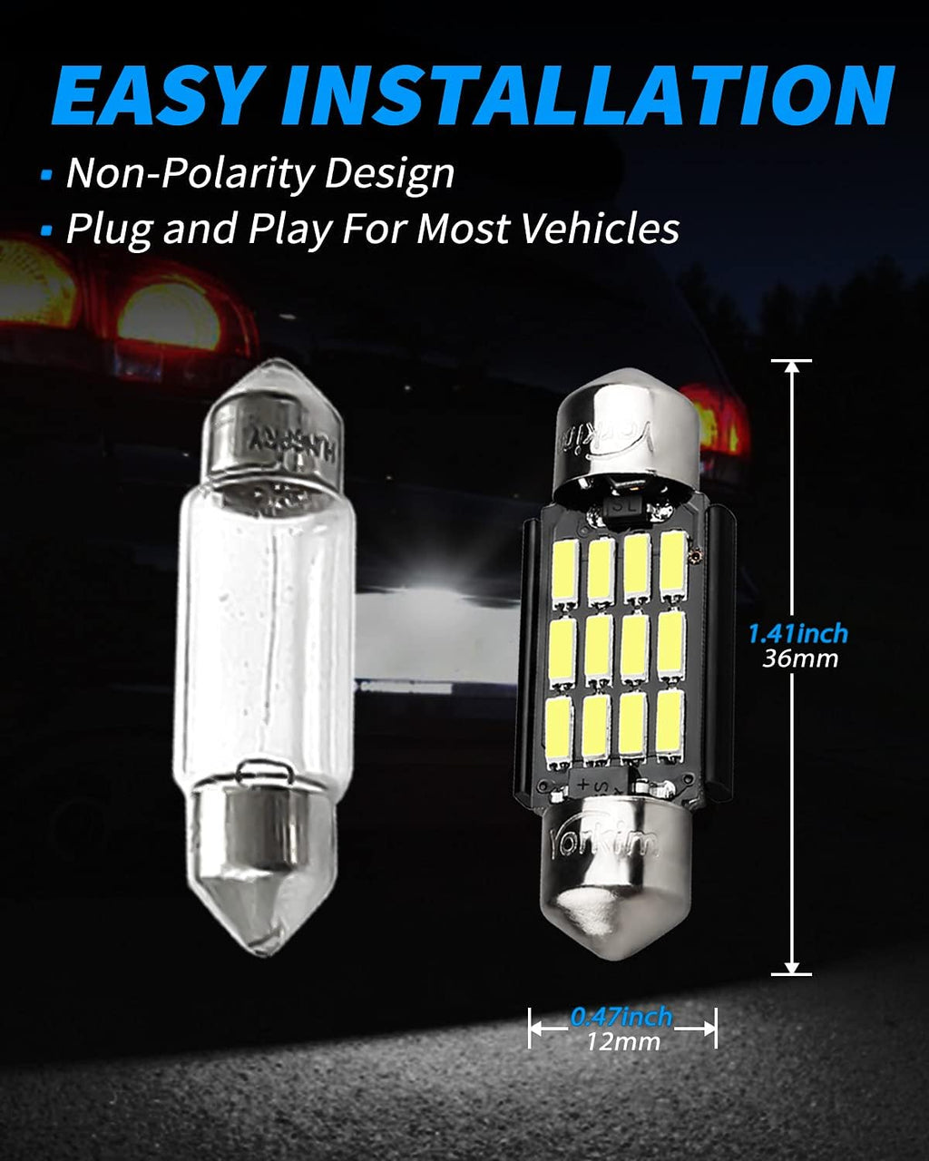 Yorkim 6418 LED Bulb, 36mm LED 6500K White Super Bright Interior Lights 12-SMD 4014 Chipsets, Festoon LED 36mm 37mm 38mm, DE3021 C5W Bulb White, Pack of 2