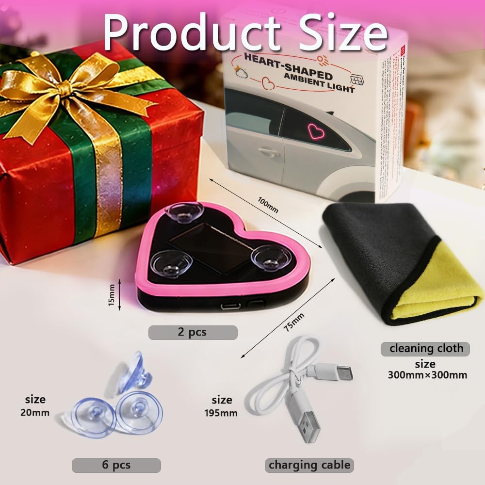 2Pcs Solar Powered Heart Light for Car, LED Wireless Ambient Lamp with 6 Modes & Vibration Sensor Can Automatically Power the Light On, Romantic Ambient Gift for Couples (Pink)