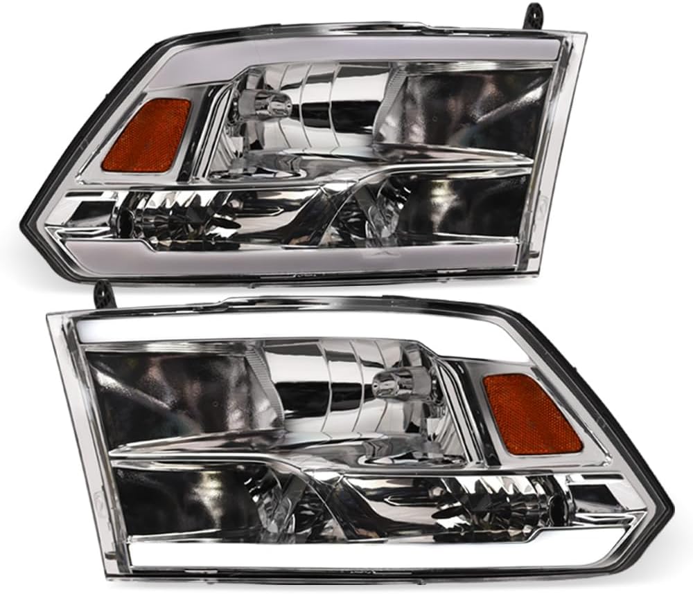 DRL LED Strip Tube Bar Chrome Housing Crystal Headlights Signal Lamps Amber Reflector nb Compatible With 09-18 Dodge Ram 1500/19-24 Classic / 10-18 2500 3500