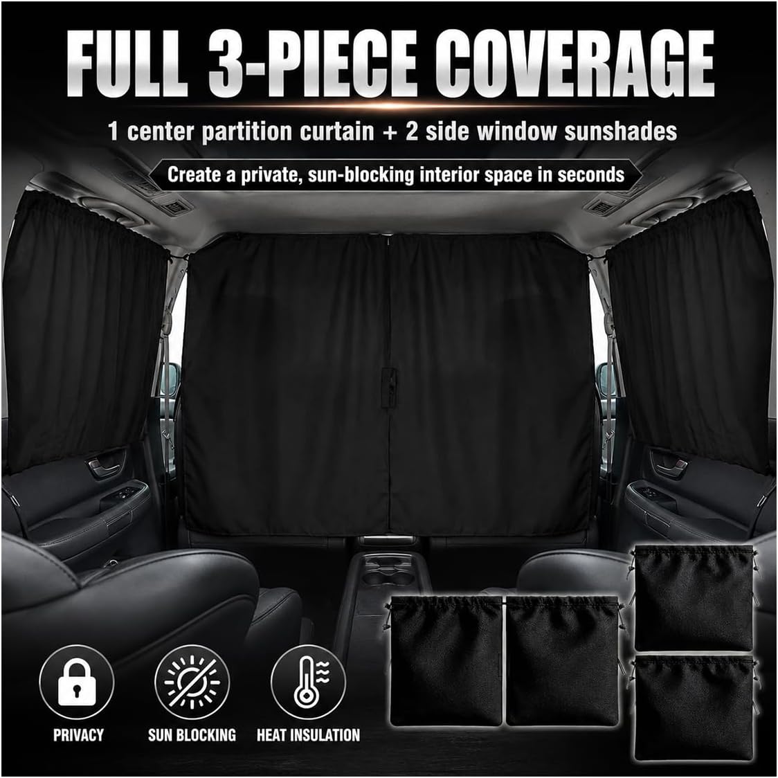 Car Window Shades, Universal UV Blocking Car Side Window Cover, Auto Divider Privacy Curtains, Removable Vehicle Interior Sunshade for Sleeping, Camping, Traveling(3PCS)