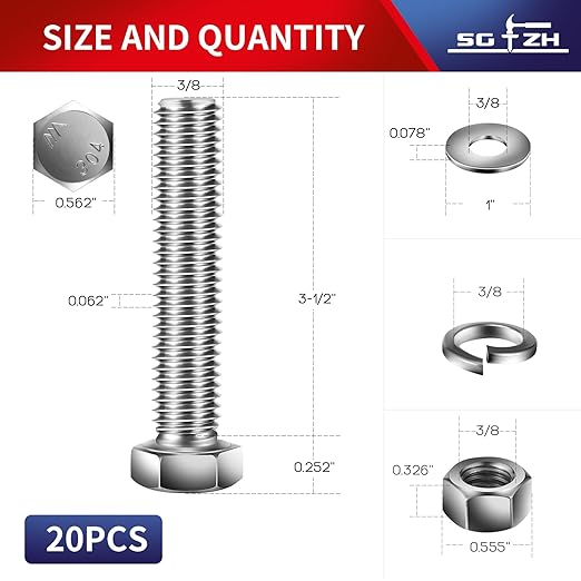 3/8-16 x 3-1/2" Hex Head Screw Bolt, Flat & Lock Washers, Fully Threaded - Image 2