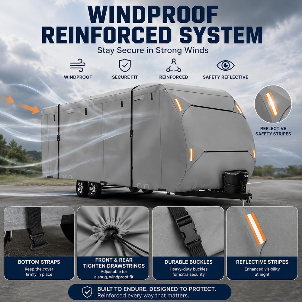 Custom Fit Travel Trailer Cover for Fleetwood Prowler 320FKDS 2008-2012, Heavy Duty 420D Waterproof RV Cover, Windproof All Weather Camper Storage Cover