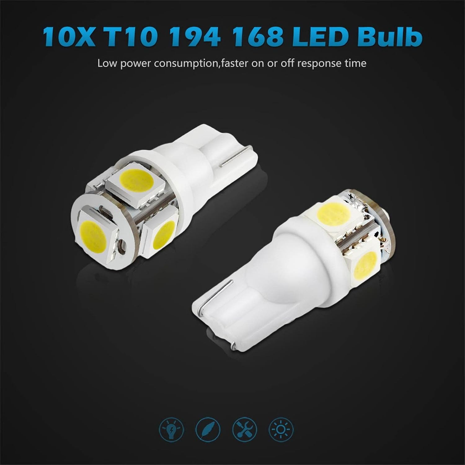 Partsam 194 168 LED Bulbs White, Super Bright T10 2825 Car Interior Dome Lights Bulbs 6000K 5050-SMD Chipsets Error Free for Car Dome Map Door Courtesy License Plate Lights, 10Pcs
