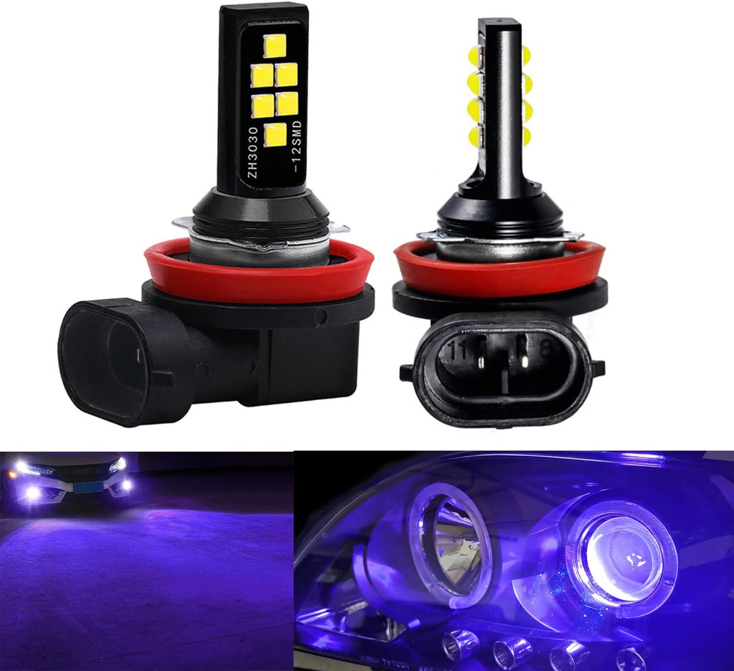 SOCAL-LED LIGHTING 2x H11 H8 LED Fog Light Bulb for Powersports Advanced 3030 SMD Bright Colorful Daytime Running DRL Lamp, Purple