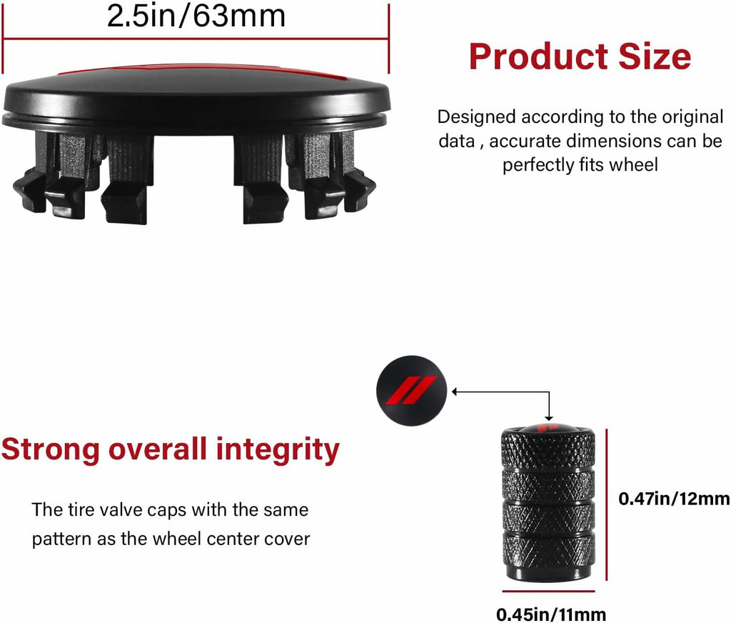 4PCS 63mm=2.5 inch Slash Wheel Center Cap Covers for Dodge Charger Challenger Durango Journey Avenger Hornet Dart R/T SRT Non Fading Hubcaps Rim + Tire Valve Stem Caps Covers Trim (Red)