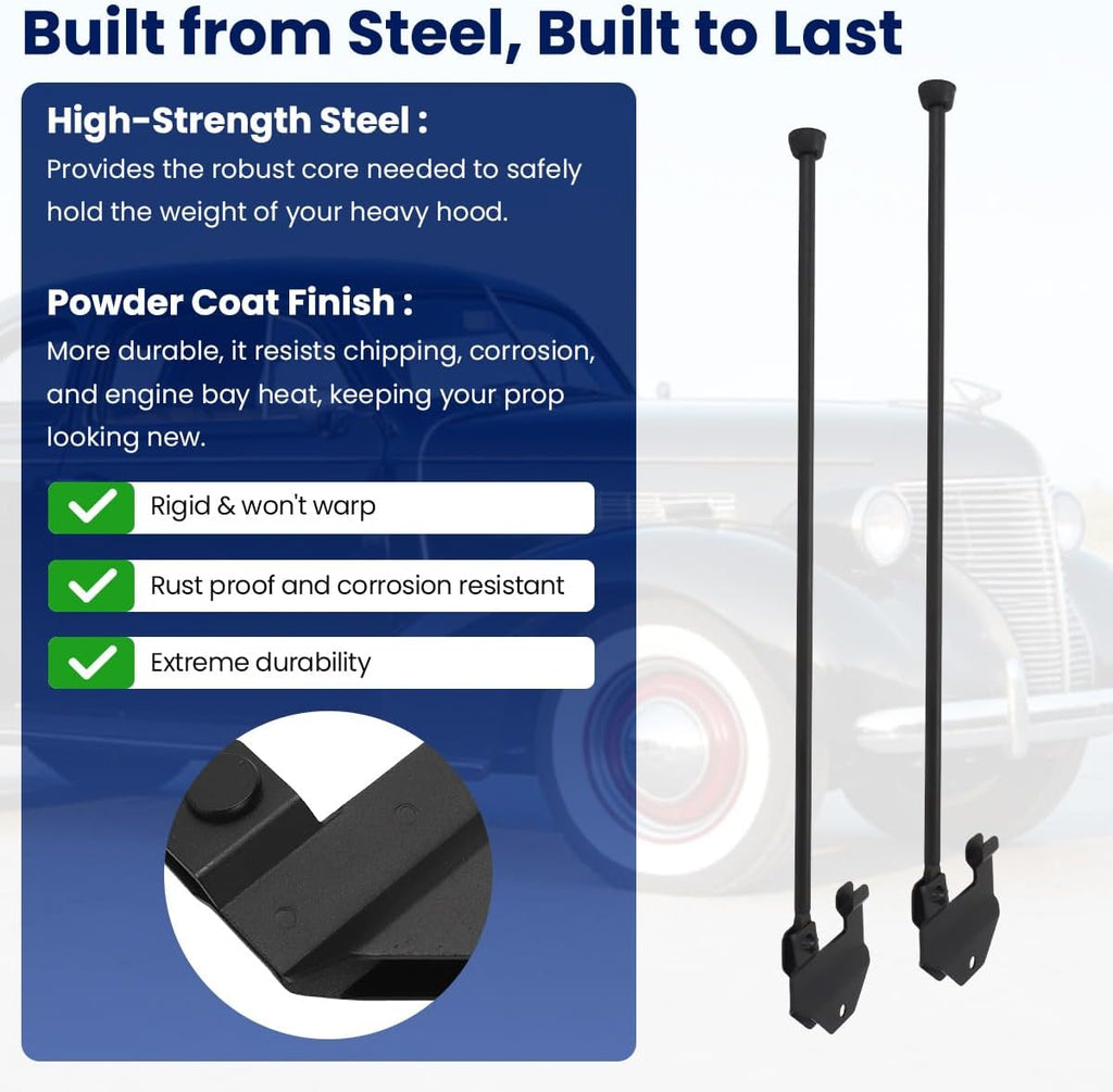 MOTOQUEEN Hood Support Rod Kit for 1937-1946 Chevy GMC Truck, Steel Folding Hood Prop Rod, Powder Coated Black, Easy Install