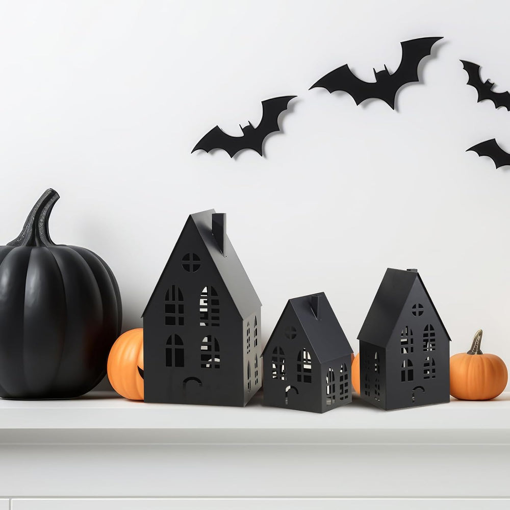 Beeveer 3 Pack Metal Halloween Haunted Houses Black Village House Decor