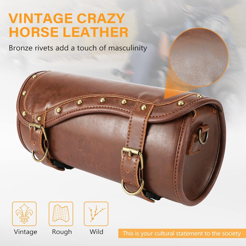 NICECNC Vintage Crazy Horse Lines Motorcycle Handlebar Bag - Universal Saddle Bag with Reinforced Straps, Brown