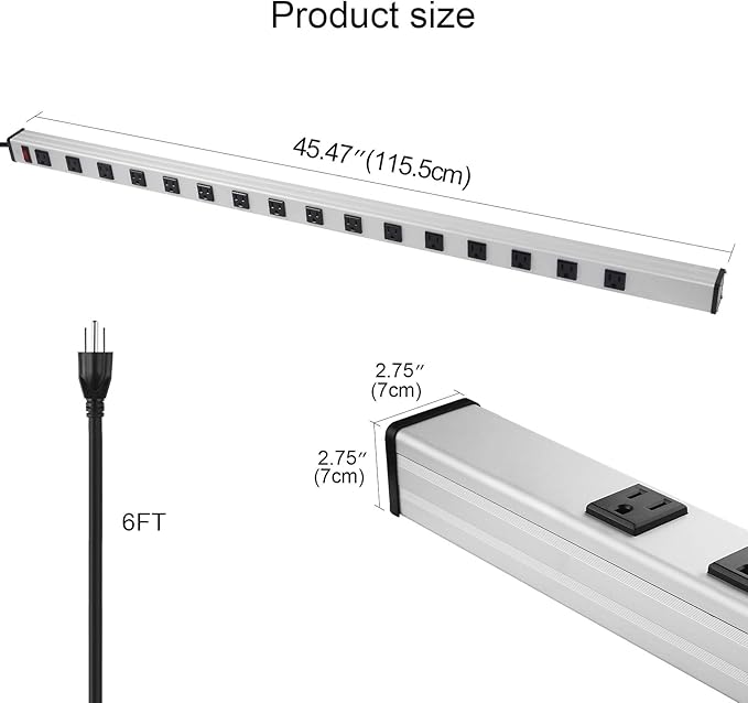 Long Heavy Duty Power Strip, 16 Outlet Large Metal Power Strip, Garage Workshop - Image 2