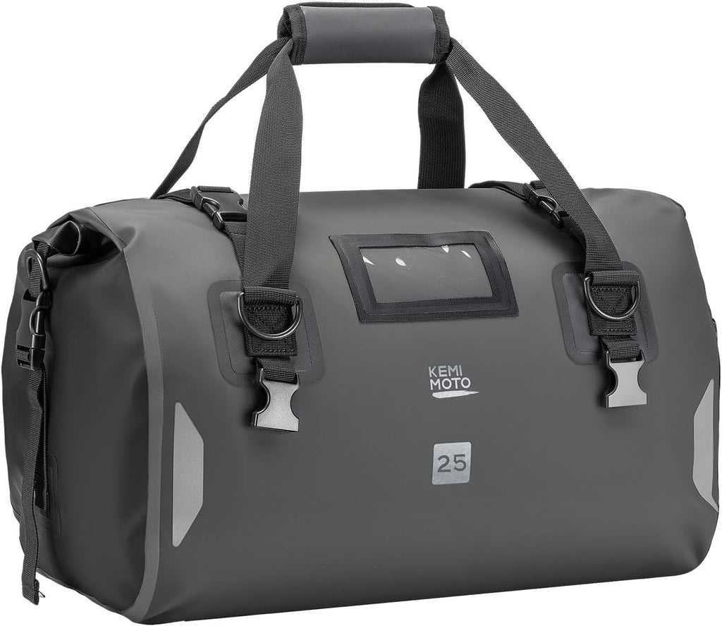 KEMIMOTO Waterproof Motorcycle Dry Bag – Duffle Tail Bag Soft Luggage, 25L/40L/65L Large Capacity with 4 Quick-Release Straps, Dustproof for Touring, Adventure, Motorcycling & Camping Grey